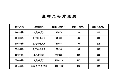 皮带尺寸对照表 百度文库