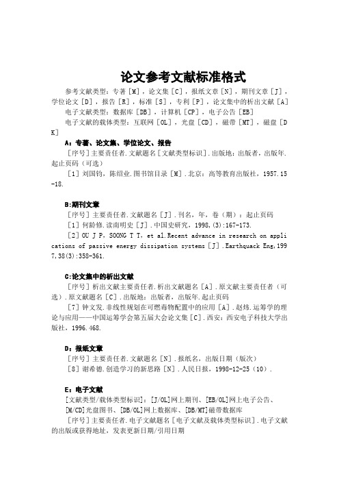 论文参考文献标准格式 参考文献类型:专著〔m,论文集〔c,报纸文章