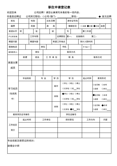 职位申请登记表 欢迎您来公司应聘!请您认真填写本表的每一项内容.