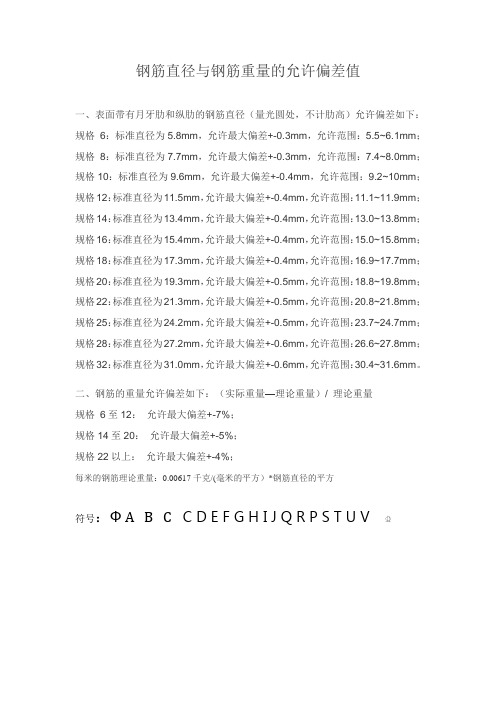 钢筋直径与钢筋重量的允许偏差值 一,表面带有月牙肋和纵肋的钢筋直径