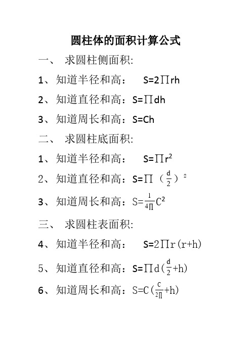 圆柱体的面积计算公式 一,求圆柱侧面积 1,知道半径和高:s=2∏rh 2