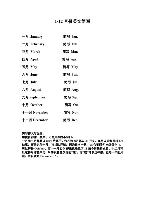 1-12月份英文简写 一月january简写jan.二月february简写feb.