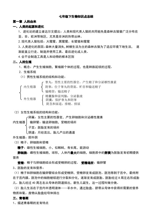七年级下生物知识点总结 第一章人的由来一,人类的起源和进化1.