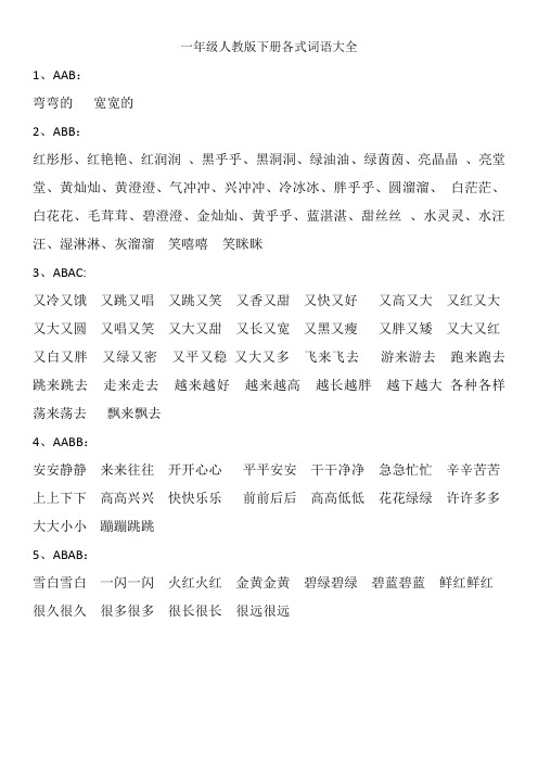 一年級人教版下冊各式詞語大全 1,aab: 彎彎的寬寬的 2,abb:紅彤彤,紅