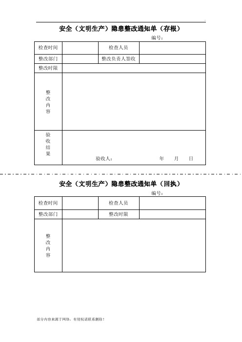 安全(文明生产)隐患整改通知单(存根) 编号: 检查时间|检查人员|整改