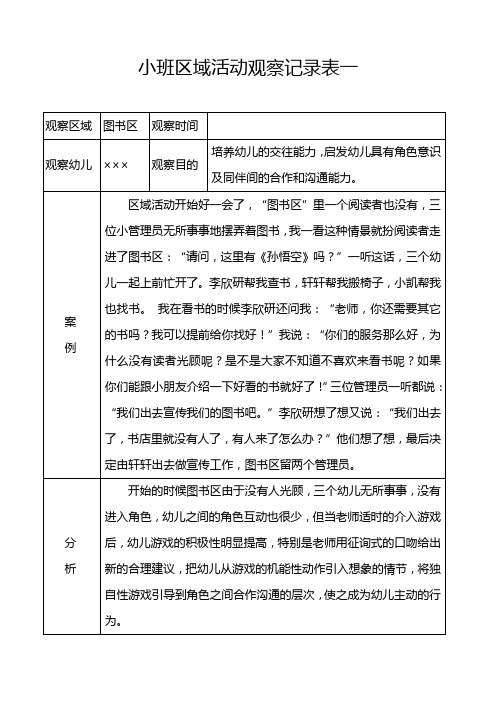 小班区域活动观察记录表一观察区域|图书区|观察时间|观察幼儿