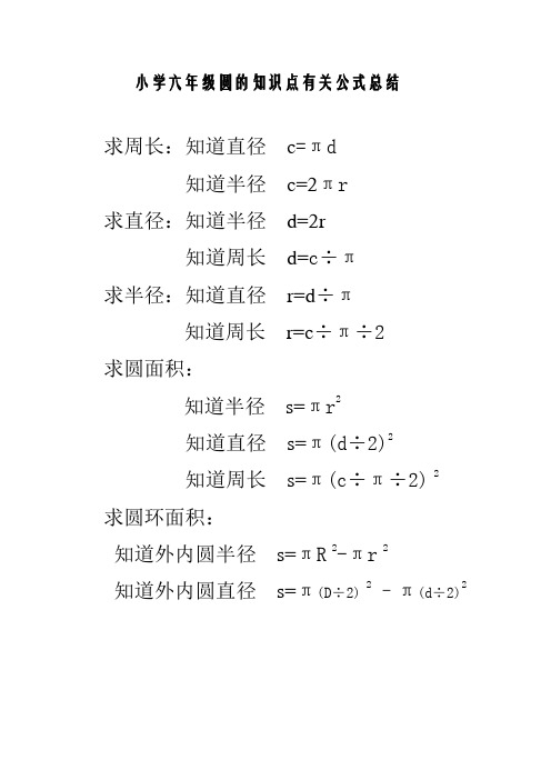 小学六年级圆的知识点有关公式总结 求周长:知道直径c=πd 知道半径c=