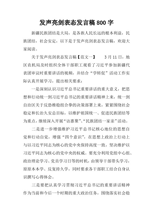 发声亮剑表态发言稿800字 新疆民族团结是大局,是各族人民长远的根本