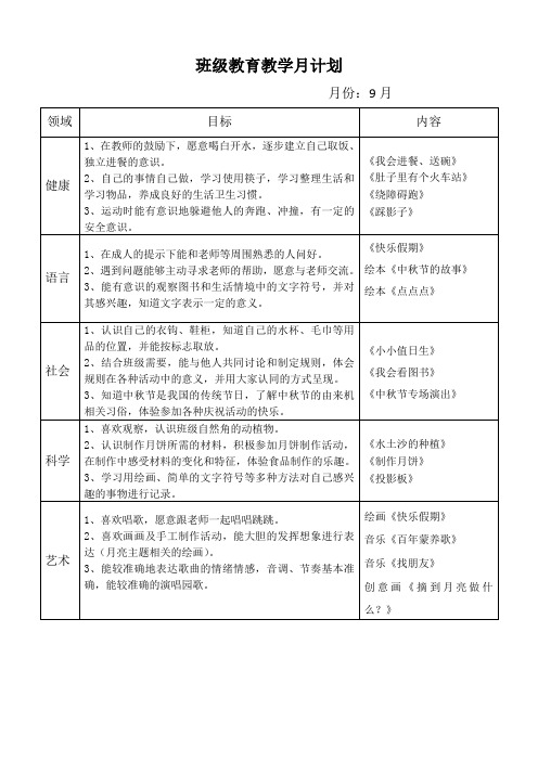 幼兒園小班9月份月計劃表 - 百度文庫