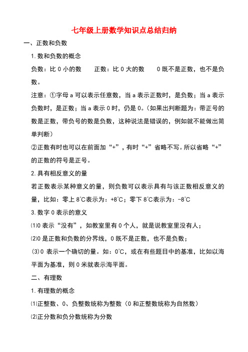 七年级上册数学知识点总结归纳 一,正数和负数 1.