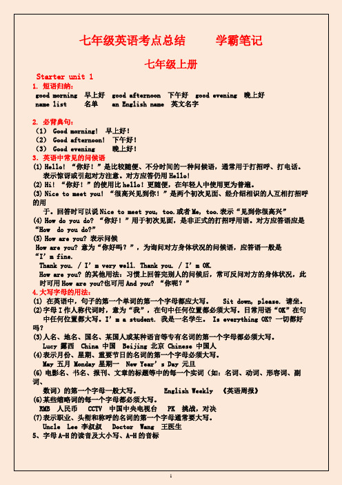 七年级英语考点总结学霸笔记七年级上册 starter unit 1 1.