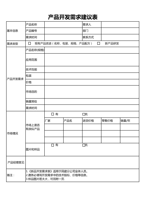 产品开发需求建议表 产品名称 基本信息 产品编号 需求时间 需求类型