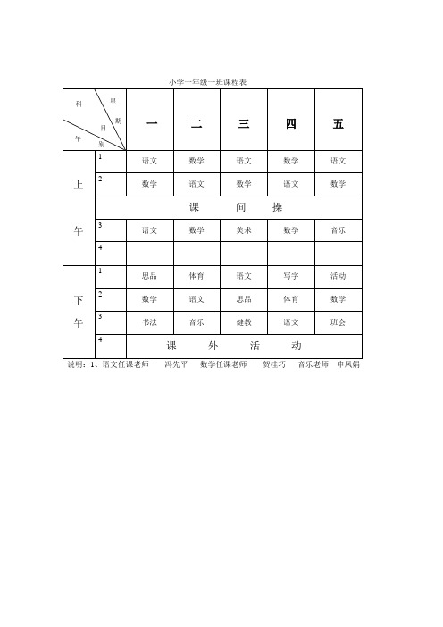 小學一年級一班課程表 一|二|三|四|五| 上|午|1|語文|數學|語文|數學