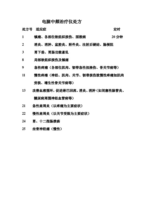 电脑中频治疗仪处方 处方号适应症定时 1镇痛,各部位软组织损伤,颈椎