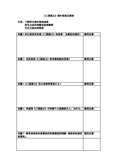 《三國演義》課外閱讀反饋表 目的:瞭解學生課外閱讀成果 師生互動