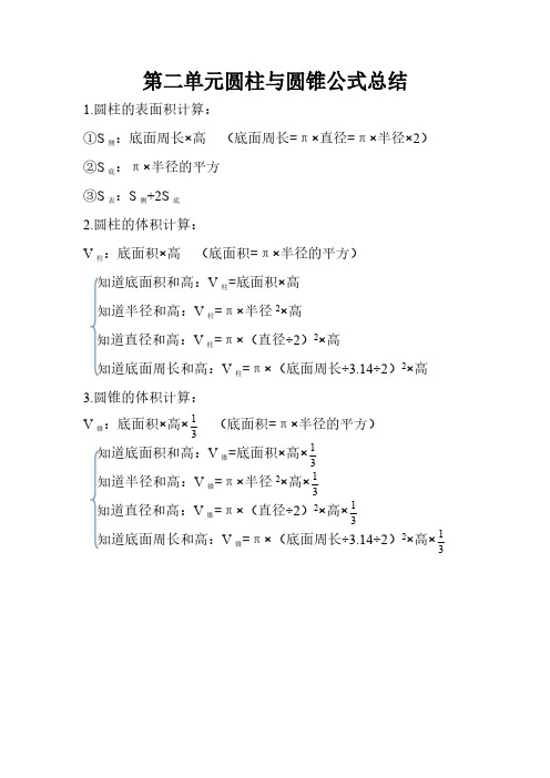 第二单元圆柱与圆锥公式总结 1.