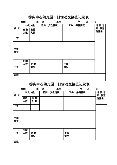 榜头中心幼儿园一日活动交接班记录表 班级第周星期年月日 项目| 幼儿