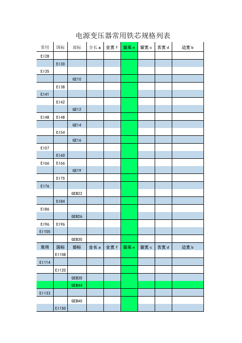 电源变压器常用铁芯规格列表| 常用|国标|部标|全长a|全宽f|窗高e|窗