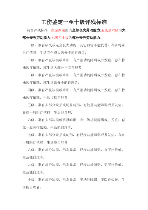 一级:器官缺失或完全丧失功能,其它器官不能代替,存在特殊医疗