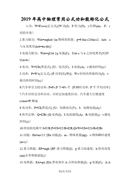 2019年高中物理常用公式功和能转化公式 1.