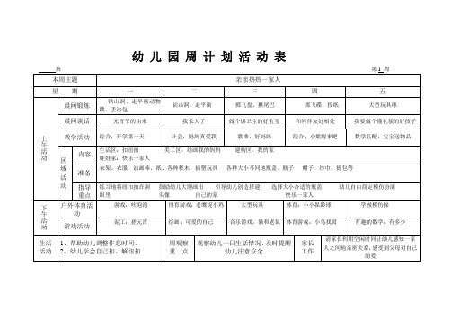 幼儿园周计划活动表 班第1周 本周主题|亲亲热热一家人| 星期|一|二