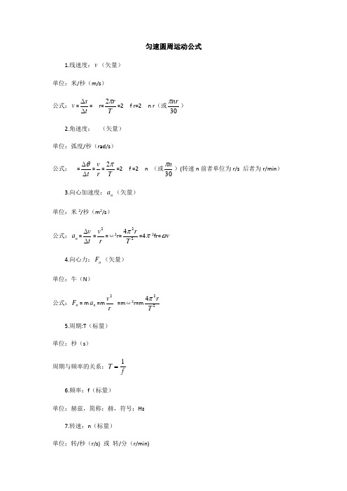 角速度:(矢量) 单位:弧度/秒(rad/s) 公式:==2f=2n(或)(转速n前者单