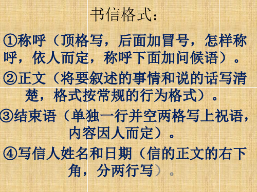 書信格式: ①稱呼(頂格寫,後面加冒號,怎樣稱 呼,依人而定,稱呼下面加