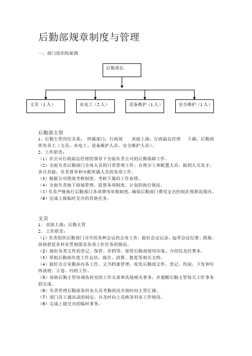 后勤部规章制度与管理 一,部门组织构架图 后勤部主管 1,后勤主管岗位