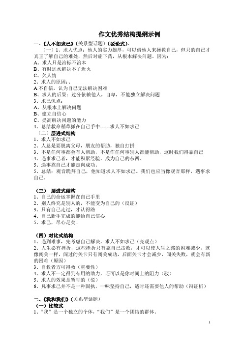 作文优秀结构提纲示例 一,《人不如求己》(关系型话题)(驳论式), (一)