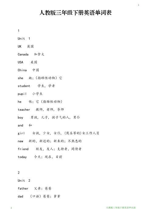 人教版三年级下册英语单词表 1 unit 1 uk 英国 canada 加拿大 usa