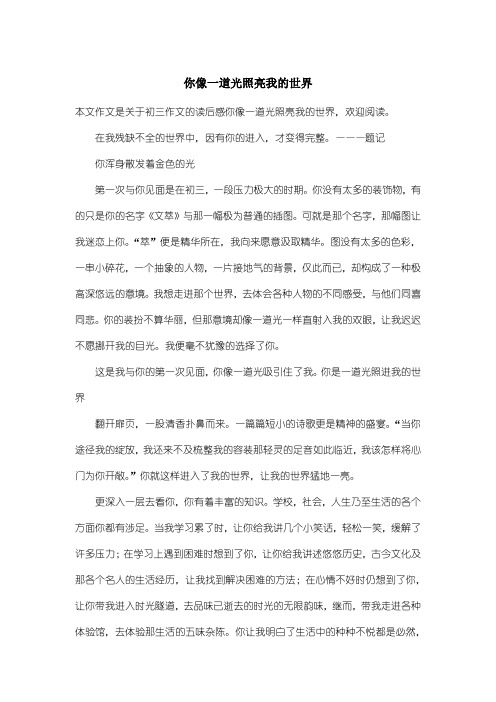 本文作文是關於初三作文的讀後感你像一道光照亮我的世界,歡迎閱讀.