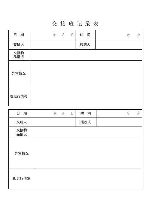 交接班記錄表 日期|年月日|時間|時分| 交班人