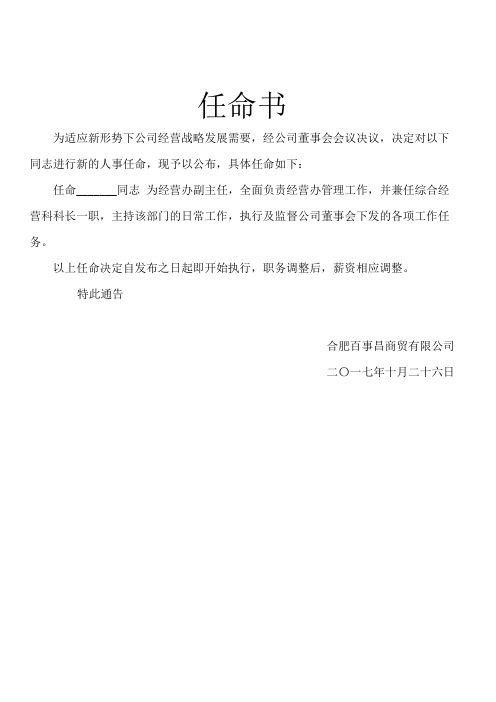 任命书 为适应新形势下公司经营战略发展需要,经公司董事会会议决议