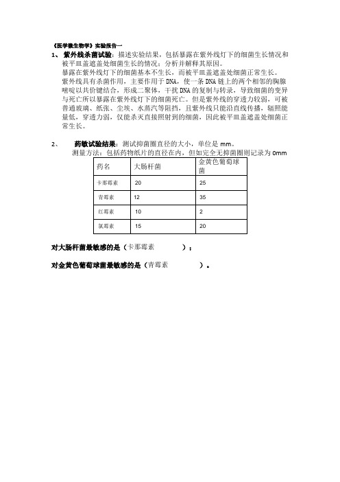 《醫學微生物學》實驗報告一 1,紫外線殺菌試驗:描述實驗結果,包括