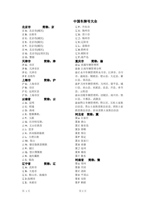 中国车牌号大全北京市简称;京京a;北京市(城区) 京b;出租车 京c;北京