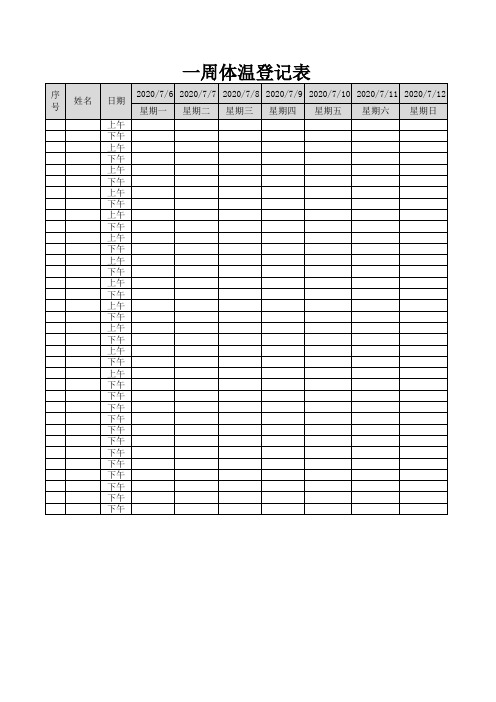 一周体温登记表 序号 姓名 2020/7/6 2020/7/7 2020/7/8 2020/7/9