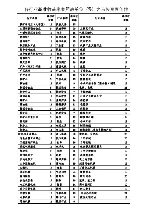 各行业基准收益率参照表