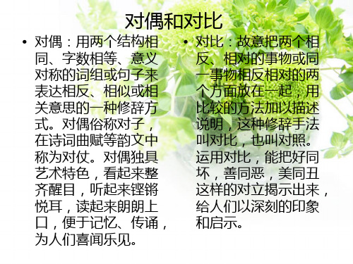 对偶和对比 对偶:用两个结构相 对比:故意把两个相 同,字数相等,意义