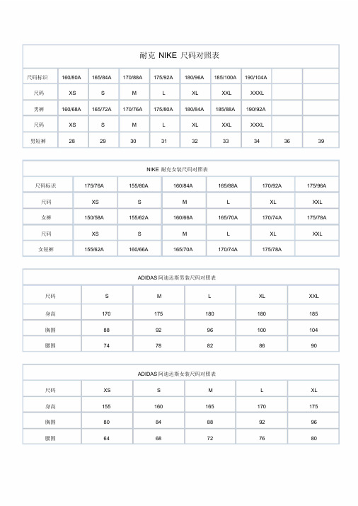 耐克nike尺码对照表 尺码标识160/80a165/84a170/88a175/92a180/96a