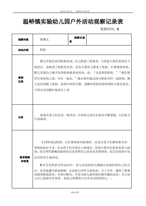 溫嶠鎮實驗幼兒園戶外活動觀察記錄表 觀察對象|陳顥文|觀察記錄者