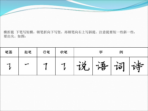 横折提 下笔写短横,顿笔折向下写竖,再顿笔向右上写斜提.
