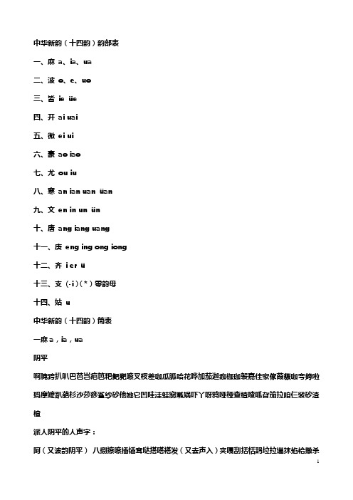 中华新韵(十四韵)韵部表 一,麻 a,ia,ua 二