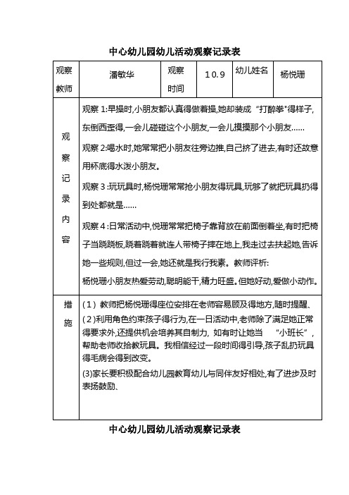 中心幼儿园幼儿活动观察记录表 观察教师|潘敏华|观察|时间|10.