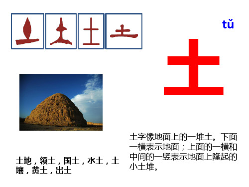 土 土地,领土,国土,水土,土壤,黄土,出土 tǔ 土字像地面上的一堆土.
