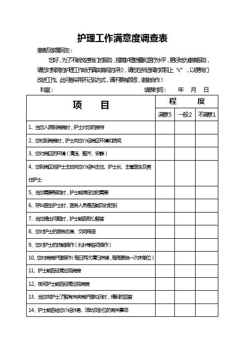 護理工作滿意度調查表 患者及家屬同志: 您好,為了不斷改進我們的服務