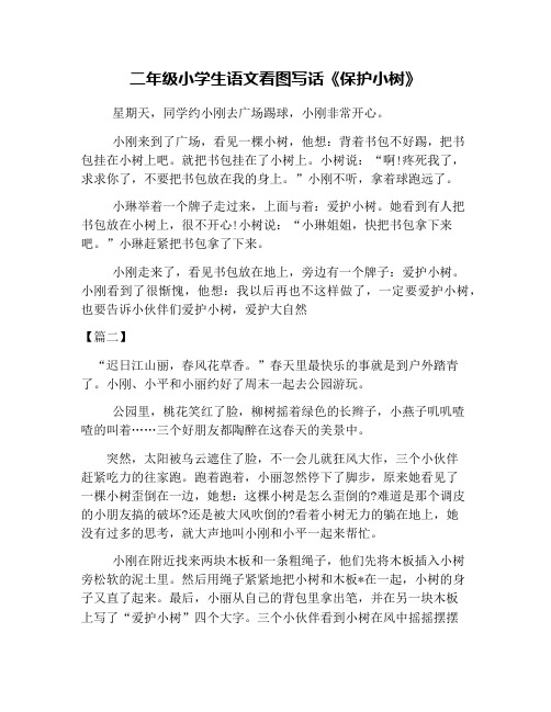 二年级小学生语文看图写话《保护小树》 星期天,同学约小刚去广场踢球