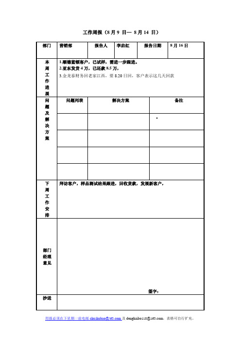 工作周报(8月9日—8月14日) 部门|营销部|报告人|李启红|报告日期|8月
