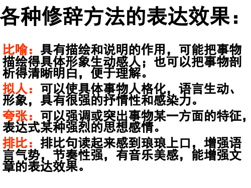 各種修辭方法的表達效果: 比喻:具有描繪和說明的作用,可能把事物