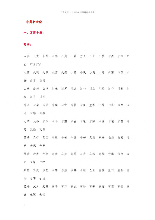 两字: 人参人发卜芥儿茶八角丁香刀豆三七三棱干姜干漆广白广角广丹