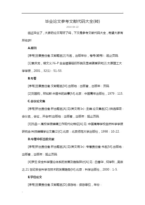 毕业论文参考文献代码大全(转 2014-04-22 临近毕业了,大家的论文写